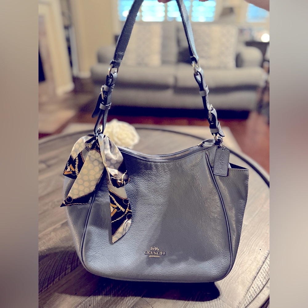 Coach Teri Hobo Bag with matching long zip-around wallet. Color: Marble Blue.